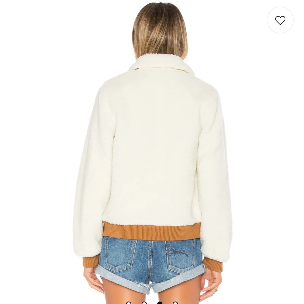 Revolve Lovers + Friends Simone Faux Fur Sherpa Ivory & Tan Bomber Jacket,Small - Picture 3 of 10